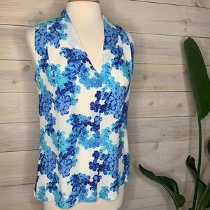 White Sleeveless V-Neck Blouse with Blue Floral Print
